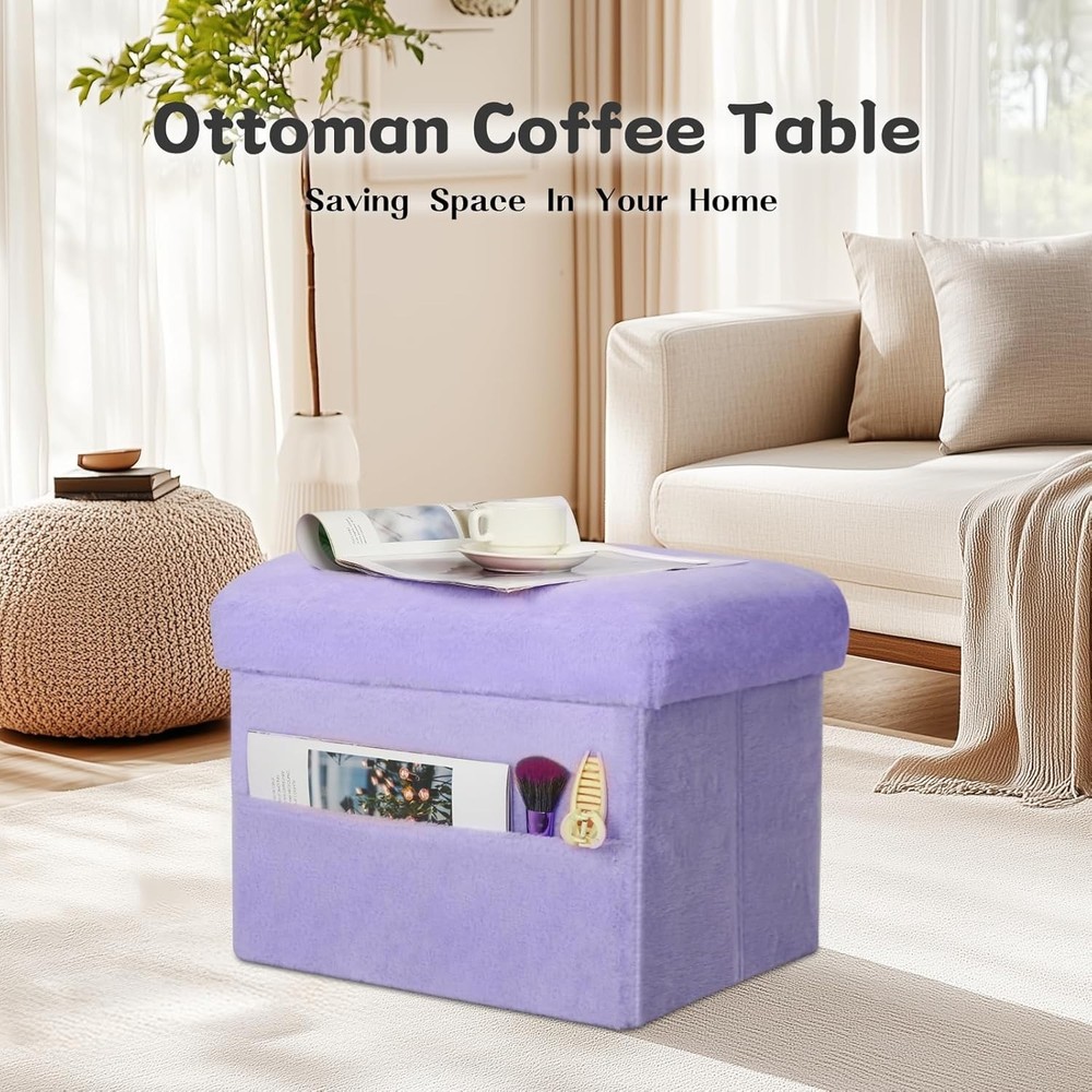Small Ottoman W/ Storage Folding Soft Fur Storage Foot Rest Stool W/ Thicker