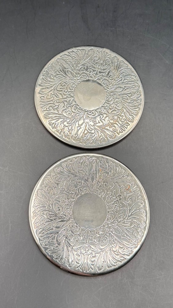 2 Vintage Silver Plated Coasters 3-1/2” Felt-backed