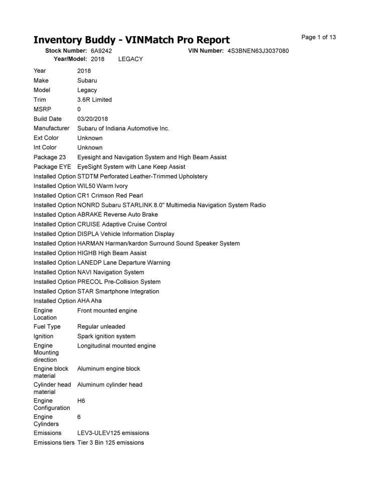 LEGACY 2018 Transmission Shift 2094473