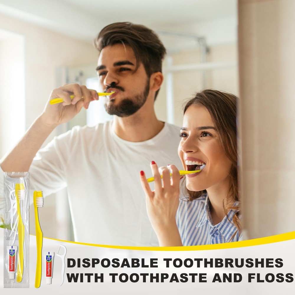 100pcs Disposable Toothbrushes with Toothpaste and Floss,Yellow Bulk Single U...