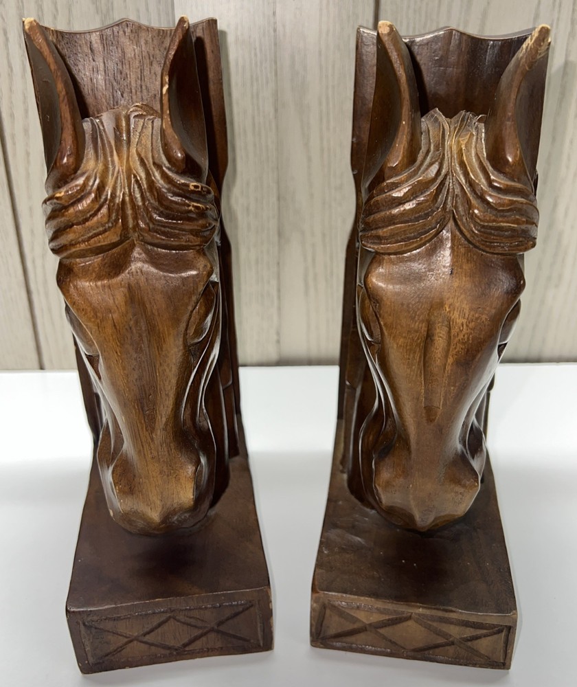 Vintage Pair Monkey Pod Solid Wood Horse Bookends Rustic GUC
