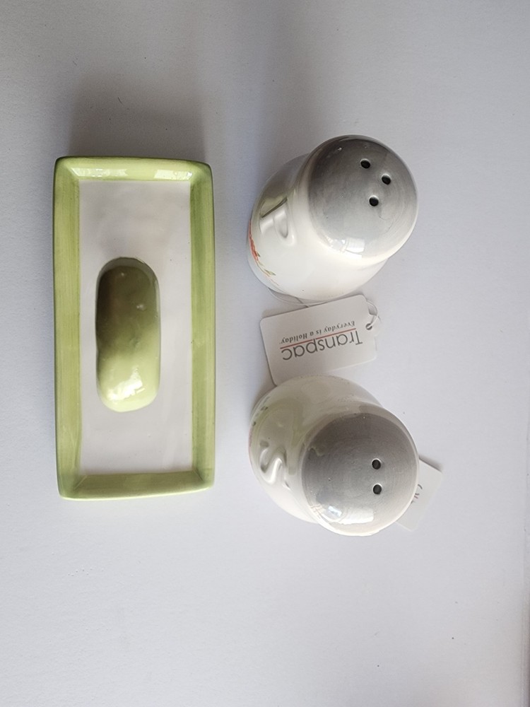 Transpac Ceramic Salt & Pepper Shakers Floral Pattern White Green Multicolor Set