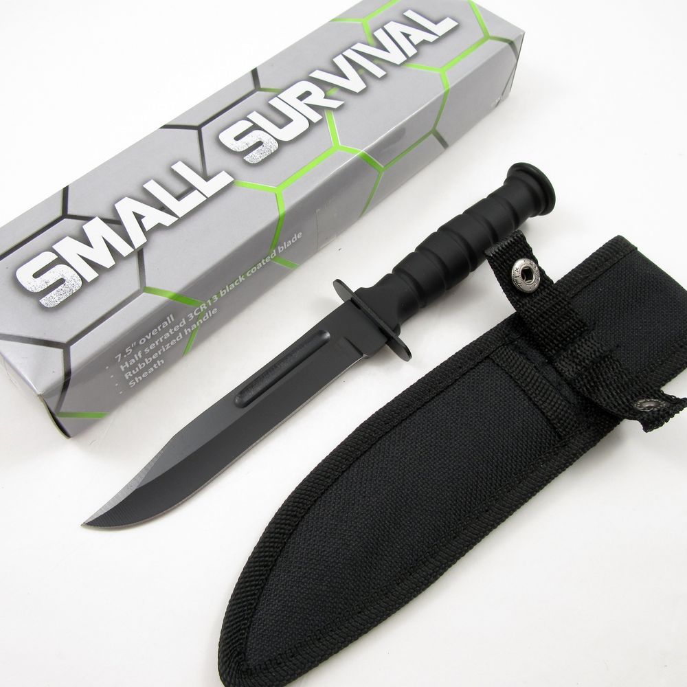 FIXED-BLADE SURVIVAL KNIFE | 7.5" Small Black Rubber Handle Tactical Combat EDC