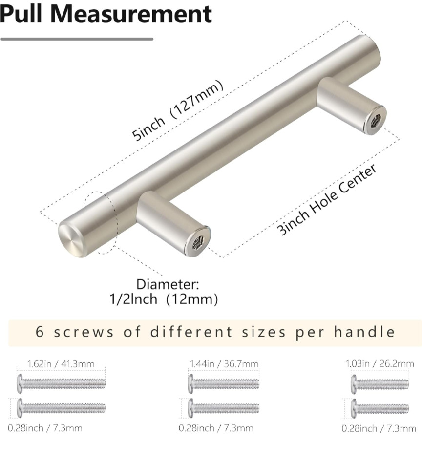 30 Pack 5" Brushed Nickel Drawer Cabinet Pulls 3" hole centers multisize screws