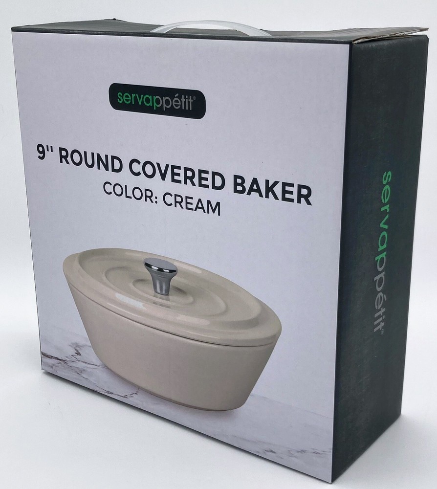 Servappetit Cream Round Covered Stoneware Baker with Lid 9" Diameter Baking Dish