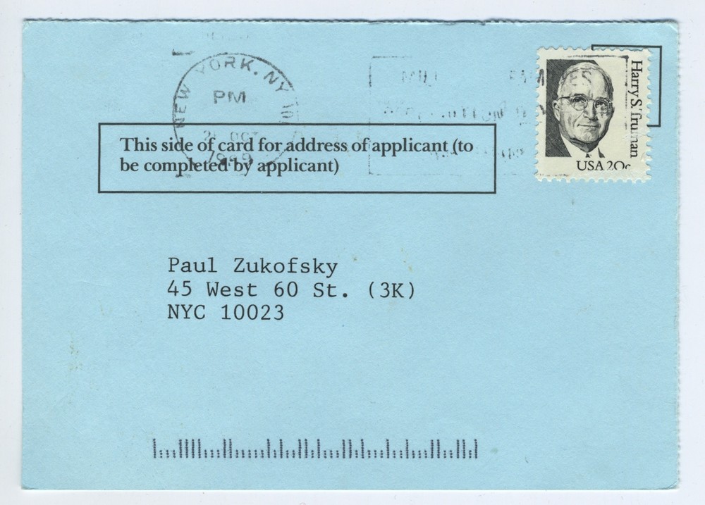 John CAGE (Composer): Signed Reference Card for Paul ZUKOFSKY (Violinist)