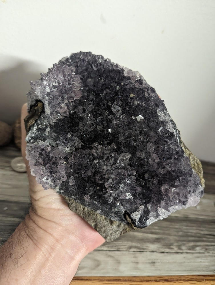 2 Amethyst standing cut base crystals geodes plus 3 oco geodes. 5 pounds lbs