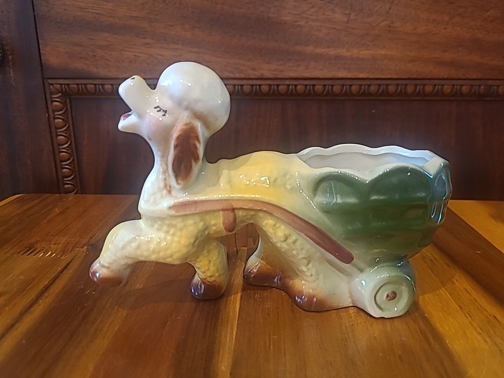 1940s USA Pottery Poodle Dog Pulling Cart Planter White & Brown