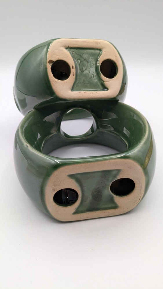 Vtg Ceramic Circular Bamboo Planters with Plastic Inserts Embossed Leaf Design