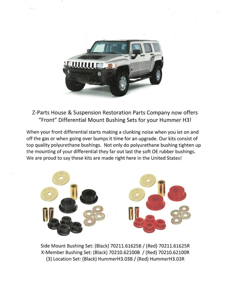 Polyurethane Front Differential Mount Bushing Set (3 Location) for Hummer H3
