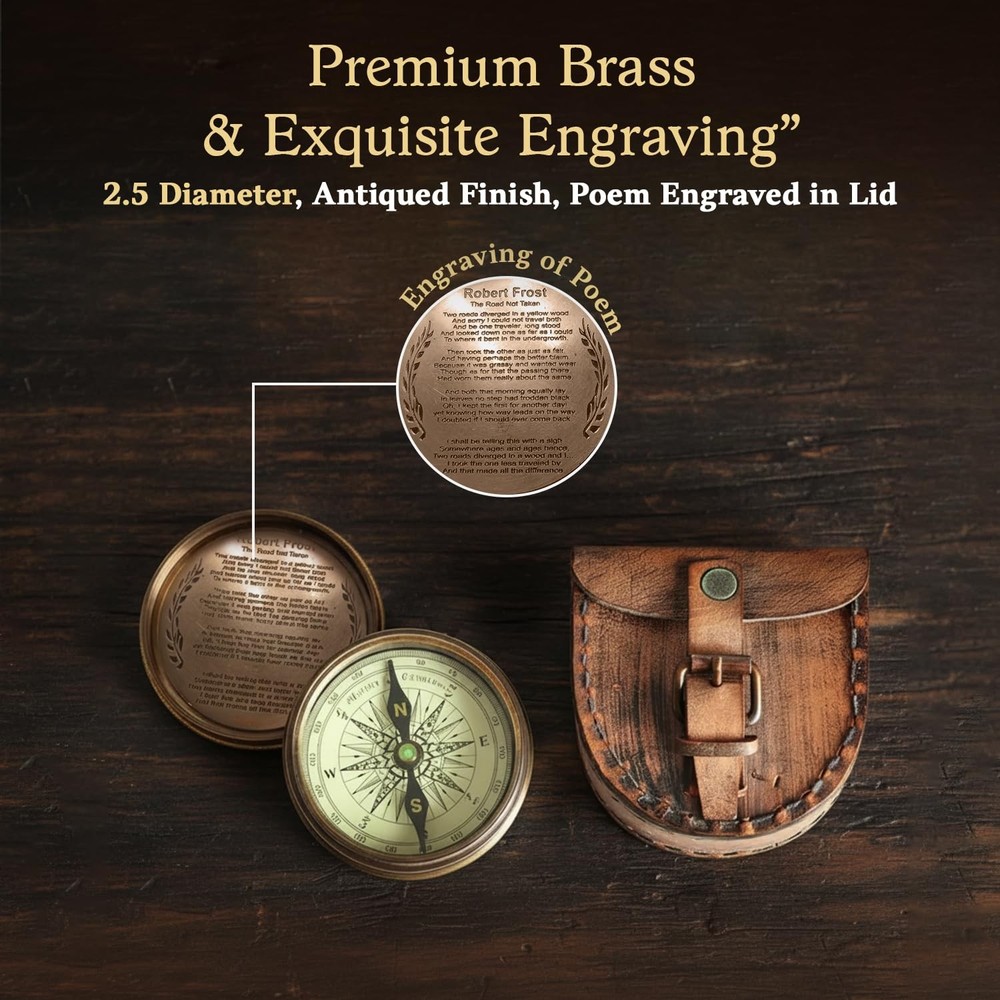 Antiqued Brass Poem Compass with Leather Case