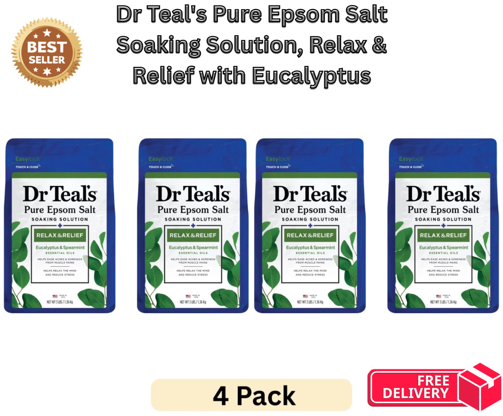 Dr Teal's Pure Epsom Salt Soaking Solution, Relax & Relief with Eucalyptus 4Pack