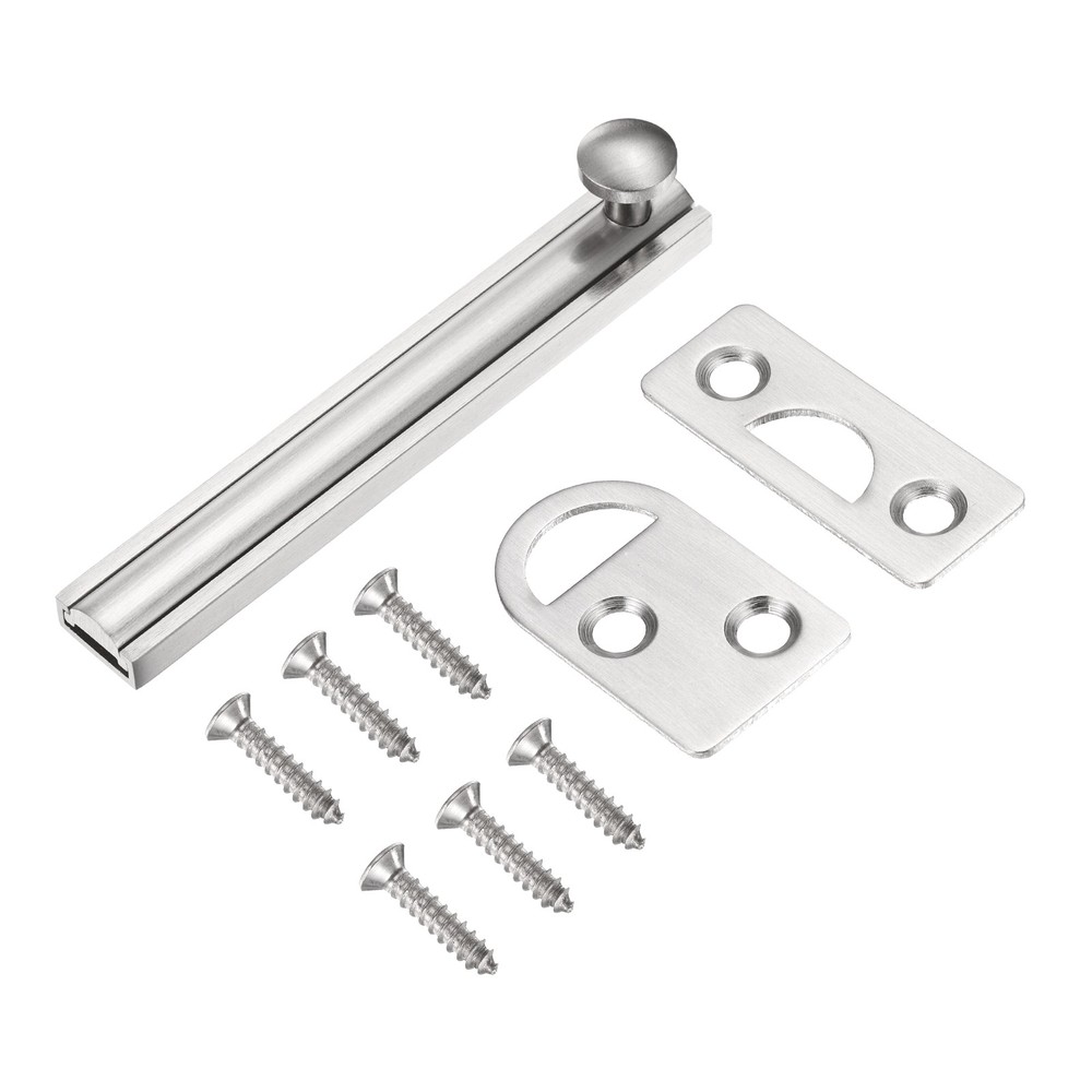 4" Solid Brass Surface Bolt, Brushed Slide Latch Door Lock, Silver