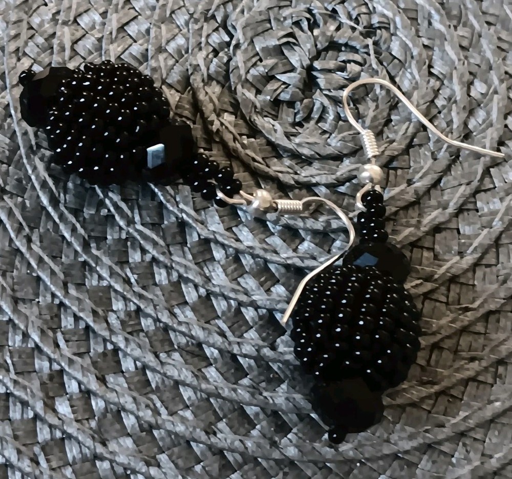Seed Bead Hand Beaded & Facested Black Bead Hook Earrings