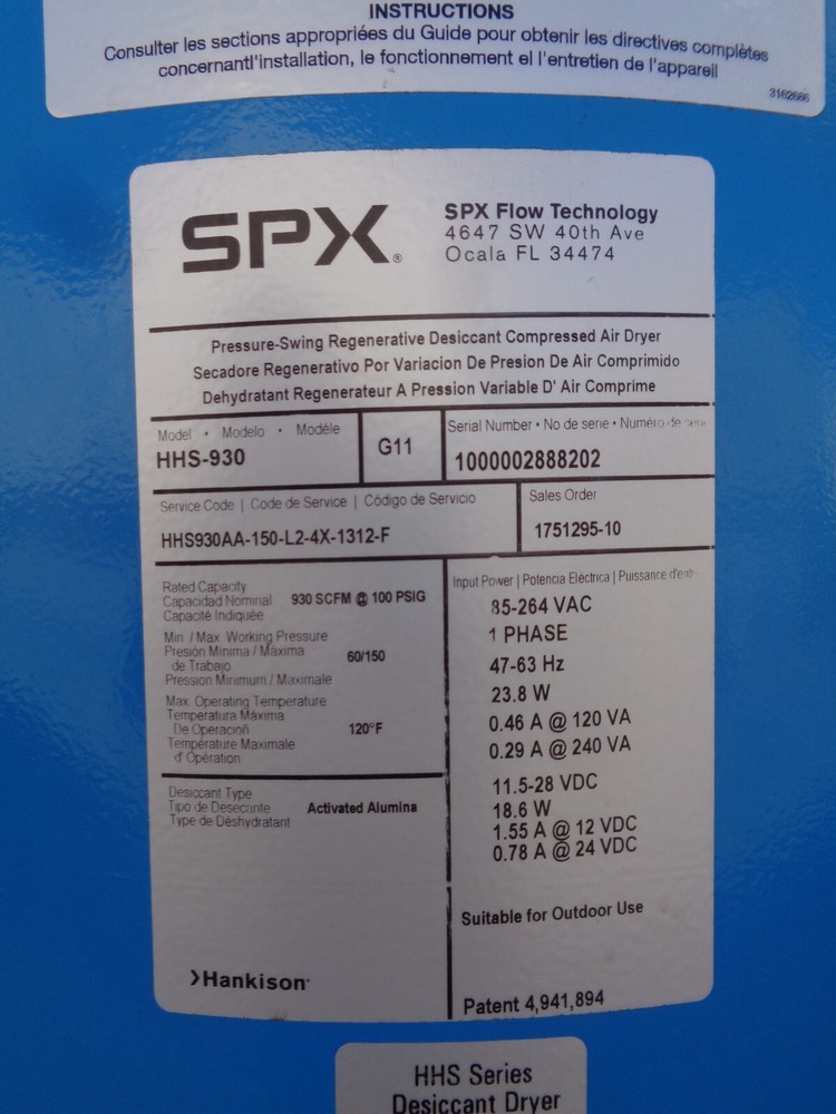 2013 Hankison SPX Flow HHS-930 CFM Desiccant Compressed Air Dryer compressor