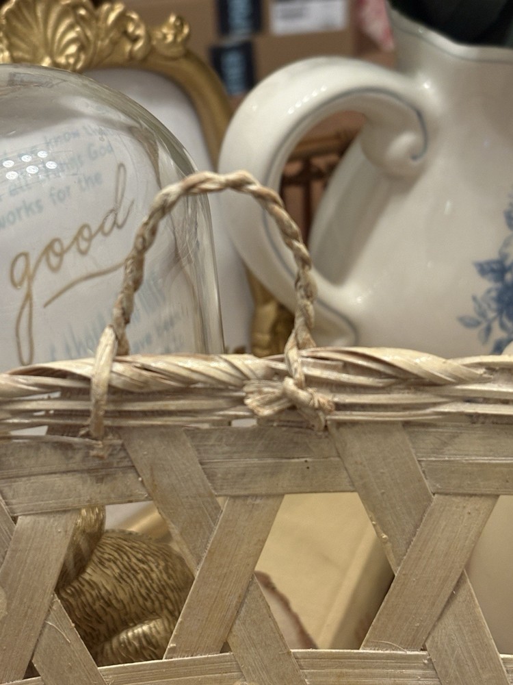 Vintage woven hexagonal pattern basket with rope handle.