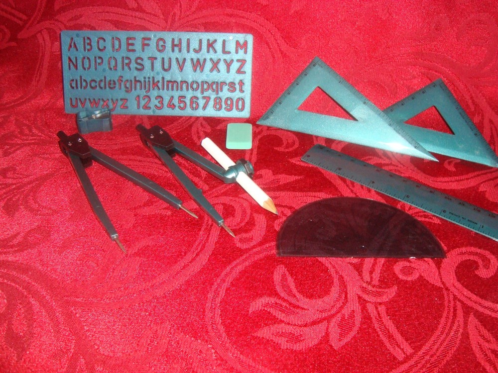 10 pc Student Math Drawing Set Protractor Compass Triangles Ruler ABC Stencil