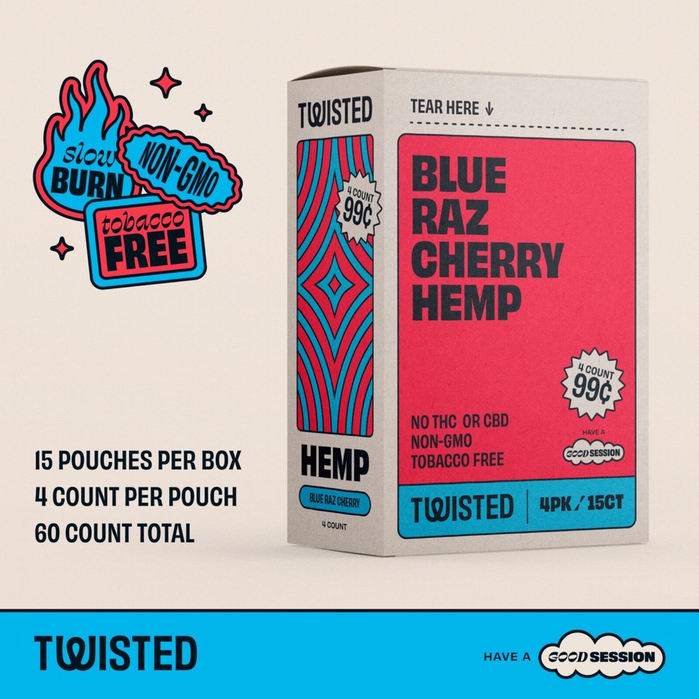 Twisted Hemp 4 Leaf Pack 15 Count Box 60 Rolling Papers (Blue Raspberry Cherry)