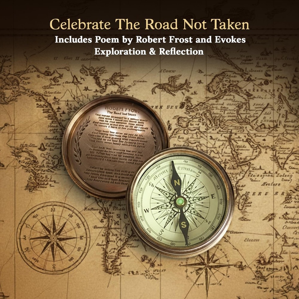 Antiqued Brass Poem Compass with Leather Case