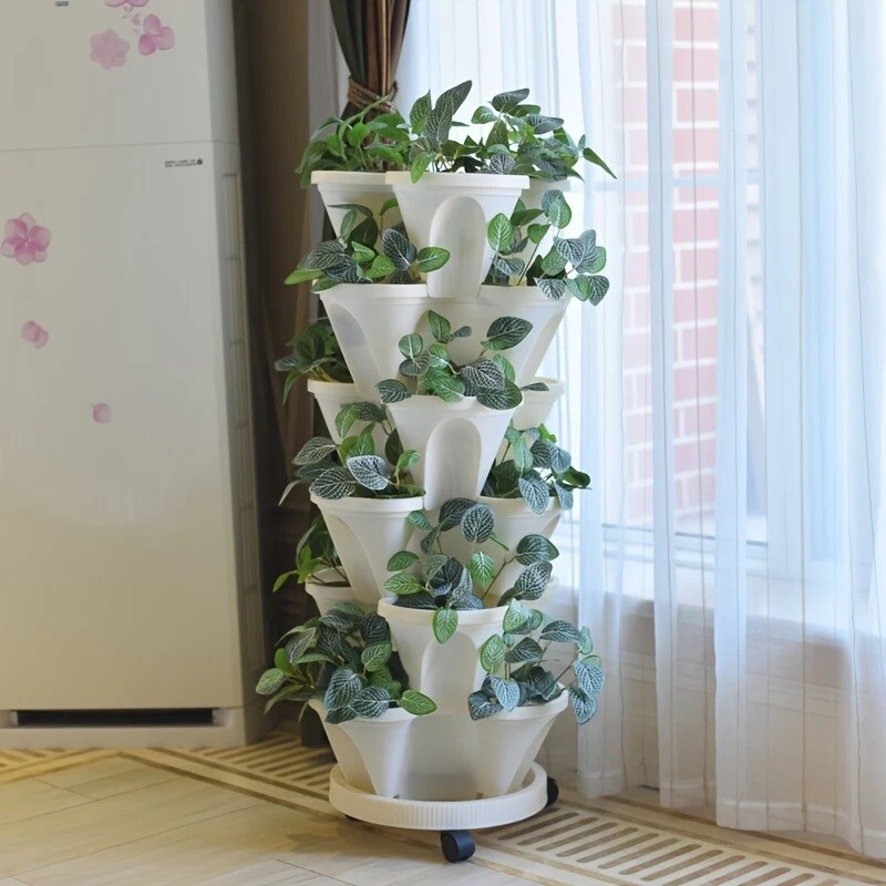 5-Tier Stackable Planters Vertical Planter Garden Flower Pot w/ 360° 5 Wheels US