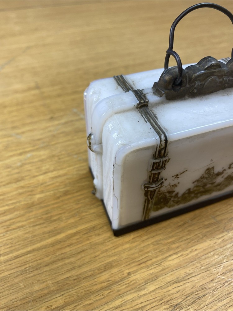 Antique Suitcase Figural Milk Glass Candy Container