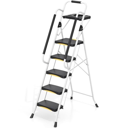 5 Step Ladder with Tool Tray, Folding Steel Step Stool with 5-step Black&white