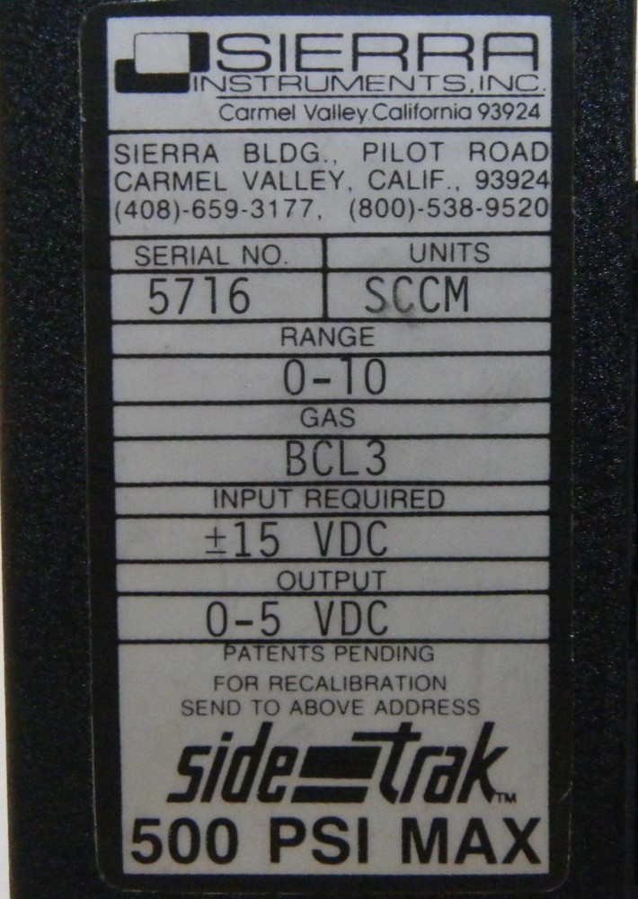 Sierra Instruments Sidetrak Mass Flow Controller, BCL3, 1-10 sccm, Used