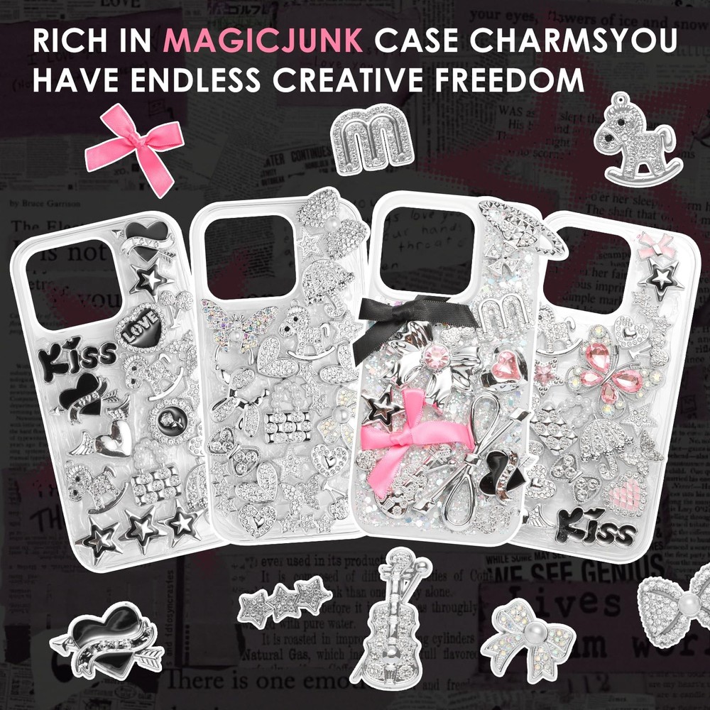 100 Pcs Bling Flat Back Junk Charm Kit for Pink-Silver-Black-Bling