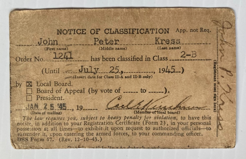Selective Service WWII Draft Classification Military Card Hazleton Pennsylvania
