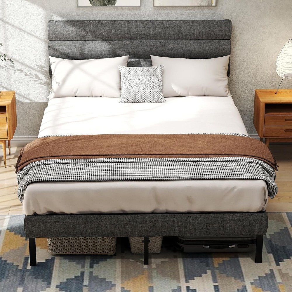 Full Queen Size Upholstered Bed Frame,Metal Platform Bed Frame with Headboard