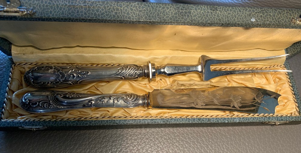 Antique Silver Carving Fork and Knife Set In Box
