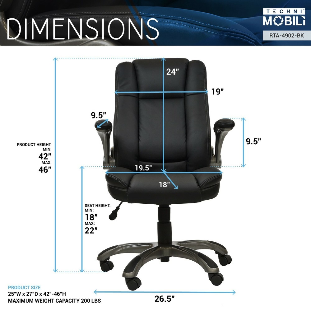 Techni Mobili Medium Back Office Task Chair w/ Flip-up Armrest & Hight Adjustmen
