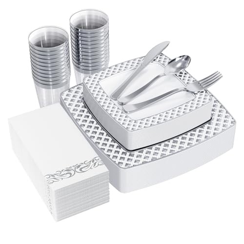 175 Count Silver Dinnerware Set for 25 Guests, Silver Diamond Rim Plates