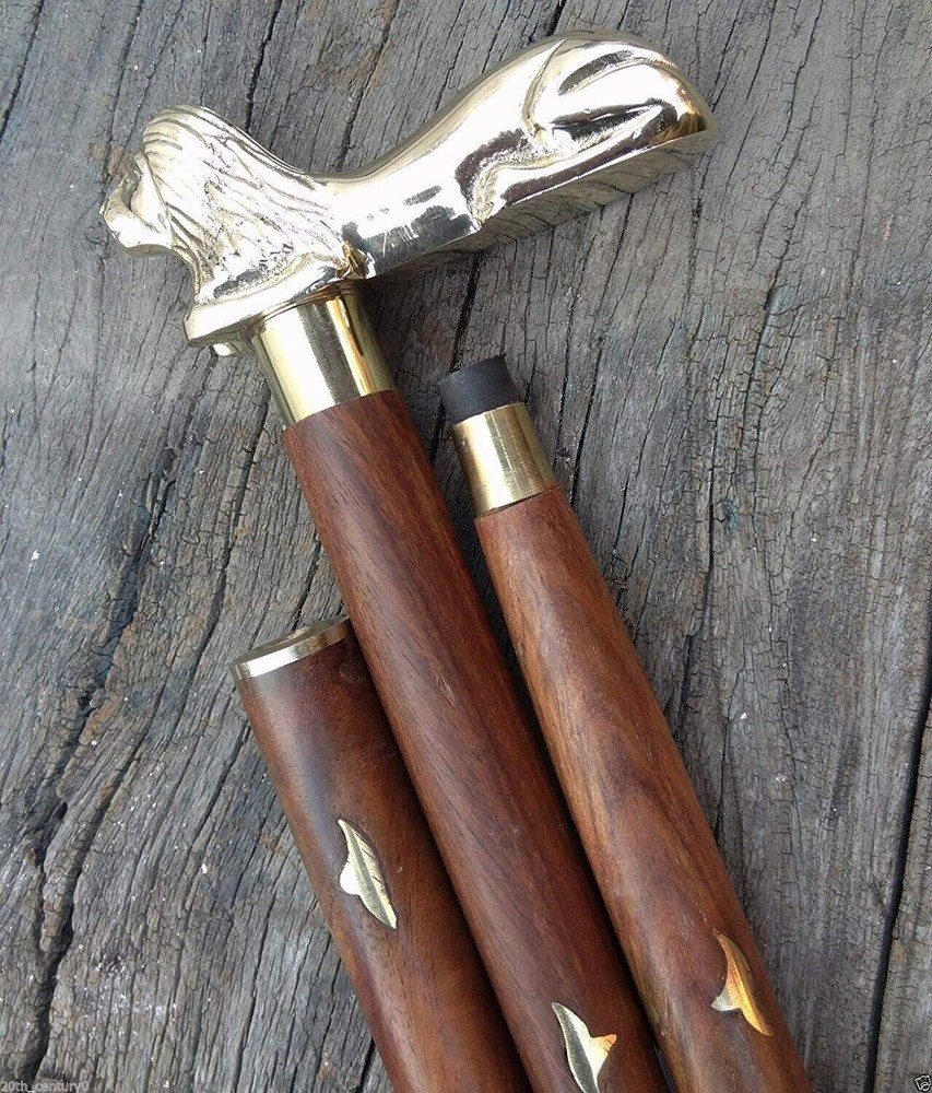 Brass Sitting Lion Handle Designer Foldable Rosewood Walking Stick Cane Dad Gift