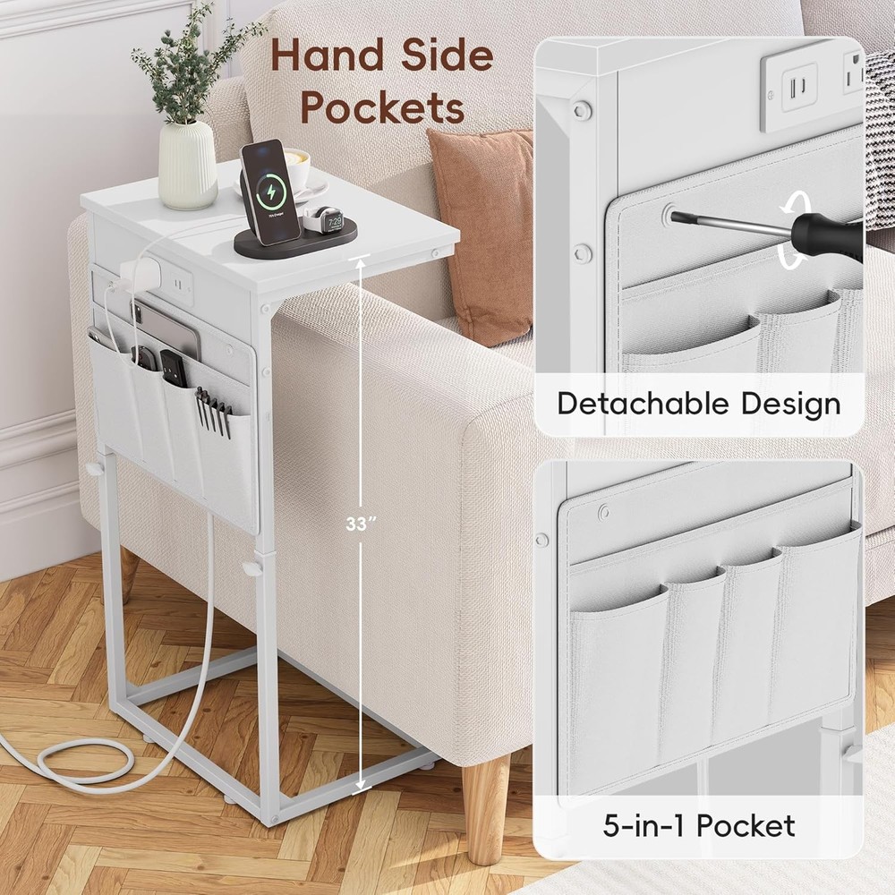 C Shaped End Table W/ Charging Station Adjustable Height Side Table Couch Sofa