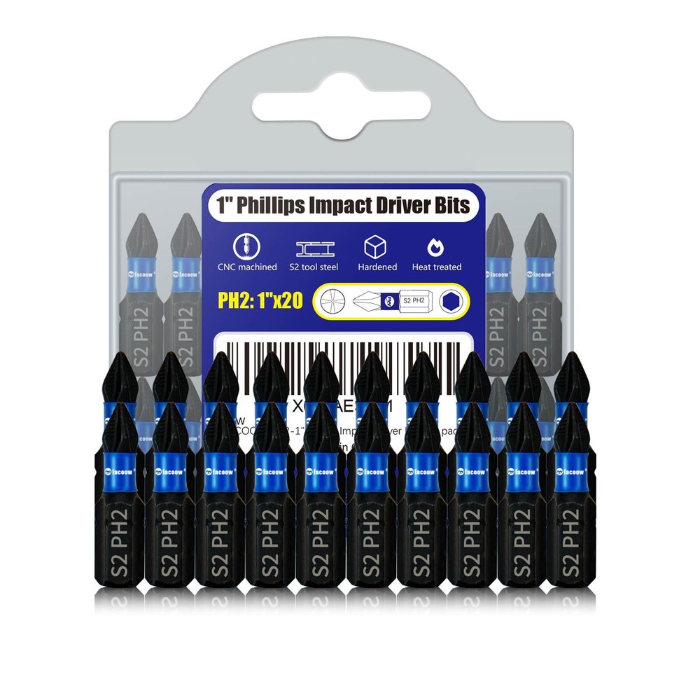 Facoow 20 Pack Phillips Impact Driver Bits, #2 Head PH2, 1"*20pcs