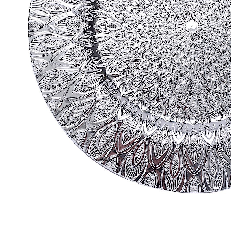 SILVER 6 Plastic 13" Round CHARGER PLATES Embossed Peacock Pattern Party Events