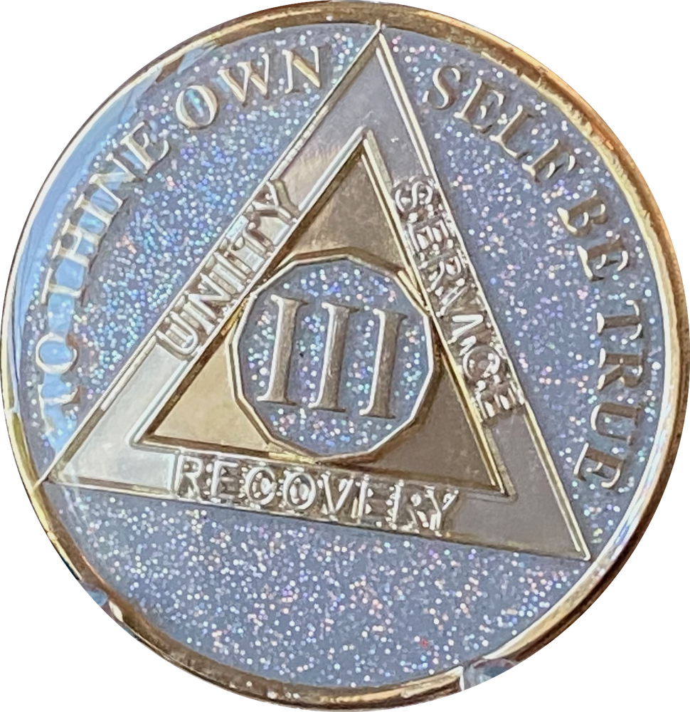 3 Year AA Medallion Opal Silver Glitter Tri-Plate Sobriety Chip