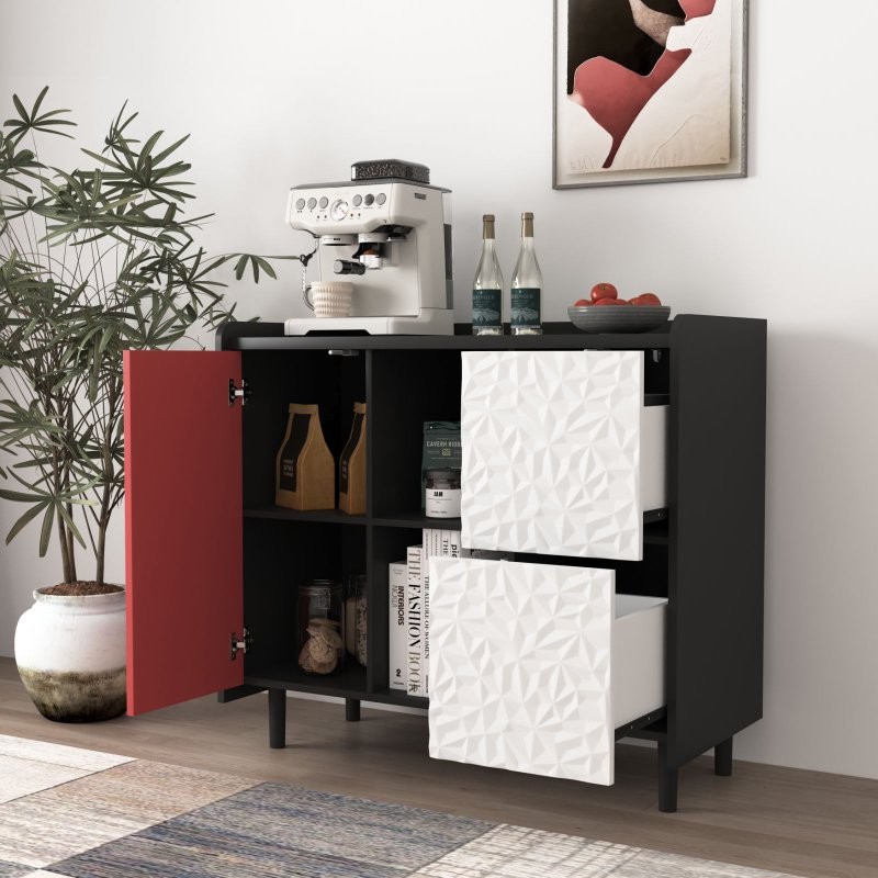 Sideboard Buffet Storage Cabinet Coffee Console Bar Table W/ Red Doors,2 Drawers