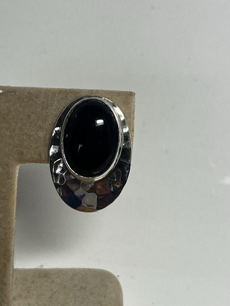 Sterling Black Onyx Earrings Hammered Silver Pierced Signed