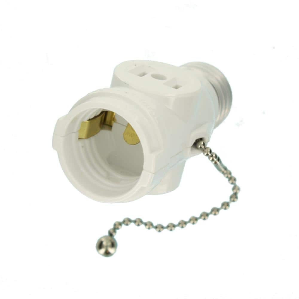 2-Outlet White Socket with Pull Chain – Durable Light Socket Adapter 1406-W