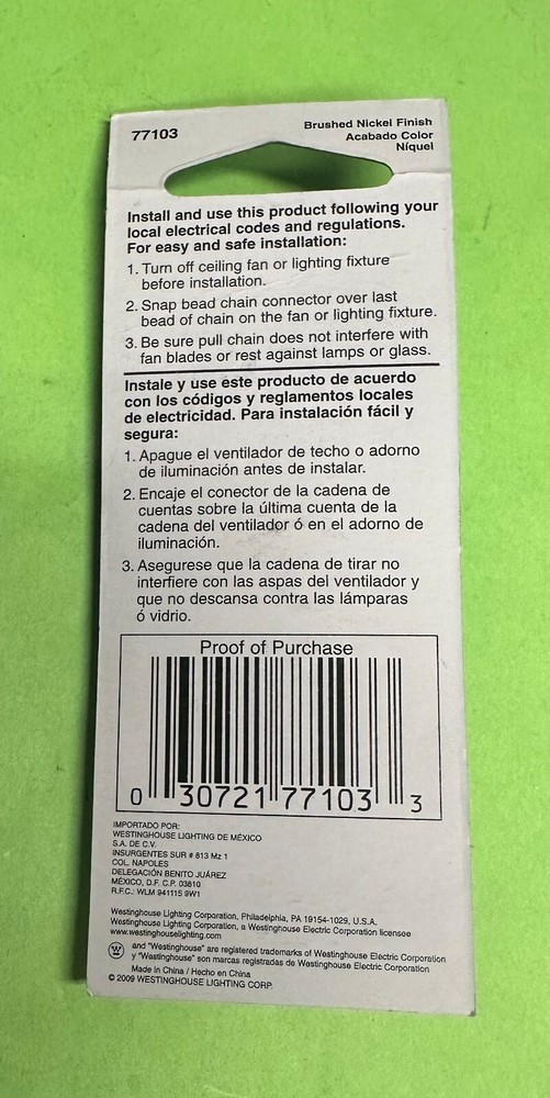 Westinghouse 77103 Brushed Nickel Fan / Light Pull Chain Silver
