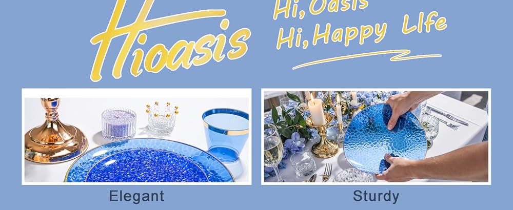 Blue Gold Plastic Plates - Blue Plastic Dinnerware Set Includes 25