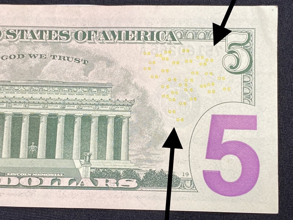 2017A $5 Bill Ink Error SeeThrough Reverse Of Note on serial number