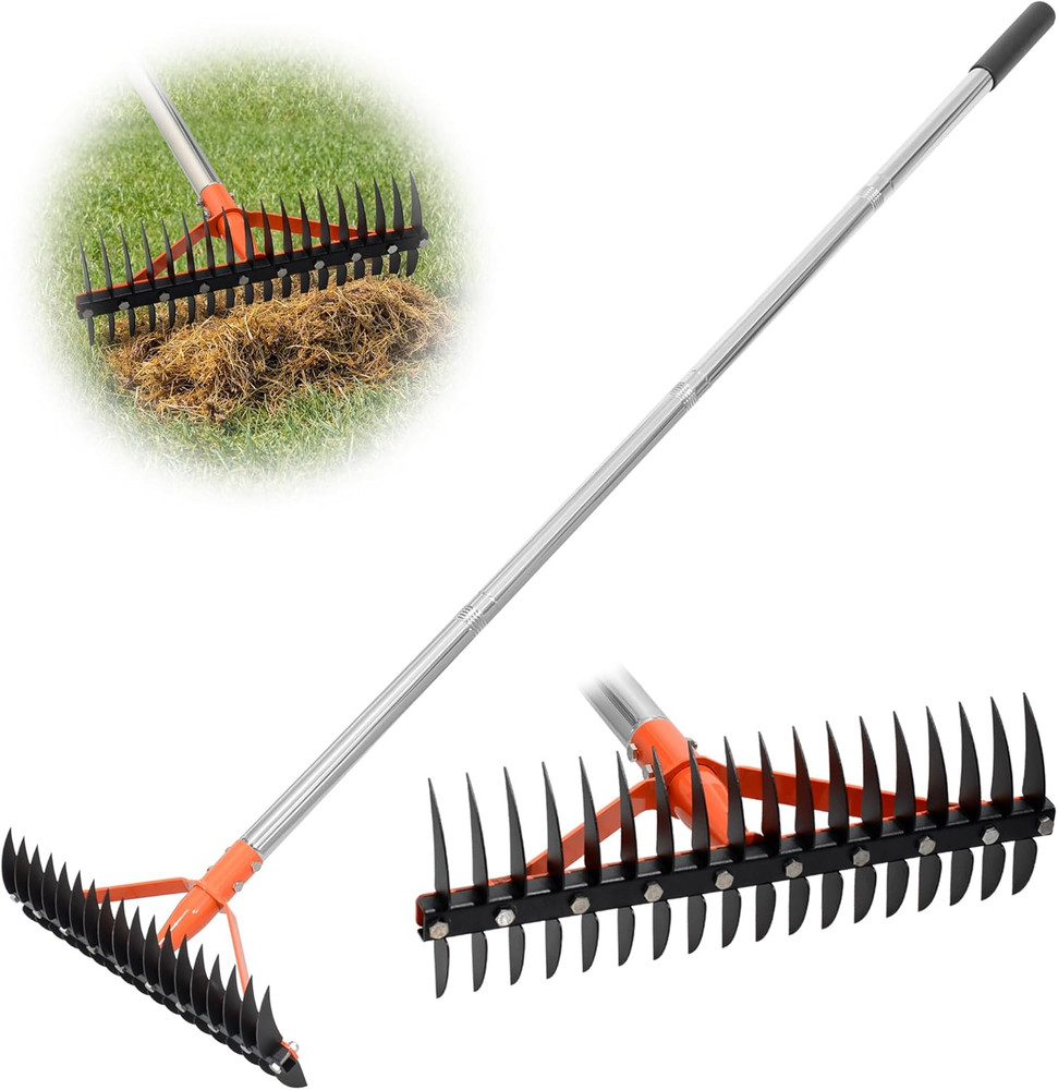 Thatch Rake for Lawns 18 Sharp Tempered Spring Steel Tines Dethatcher Rake Heavy