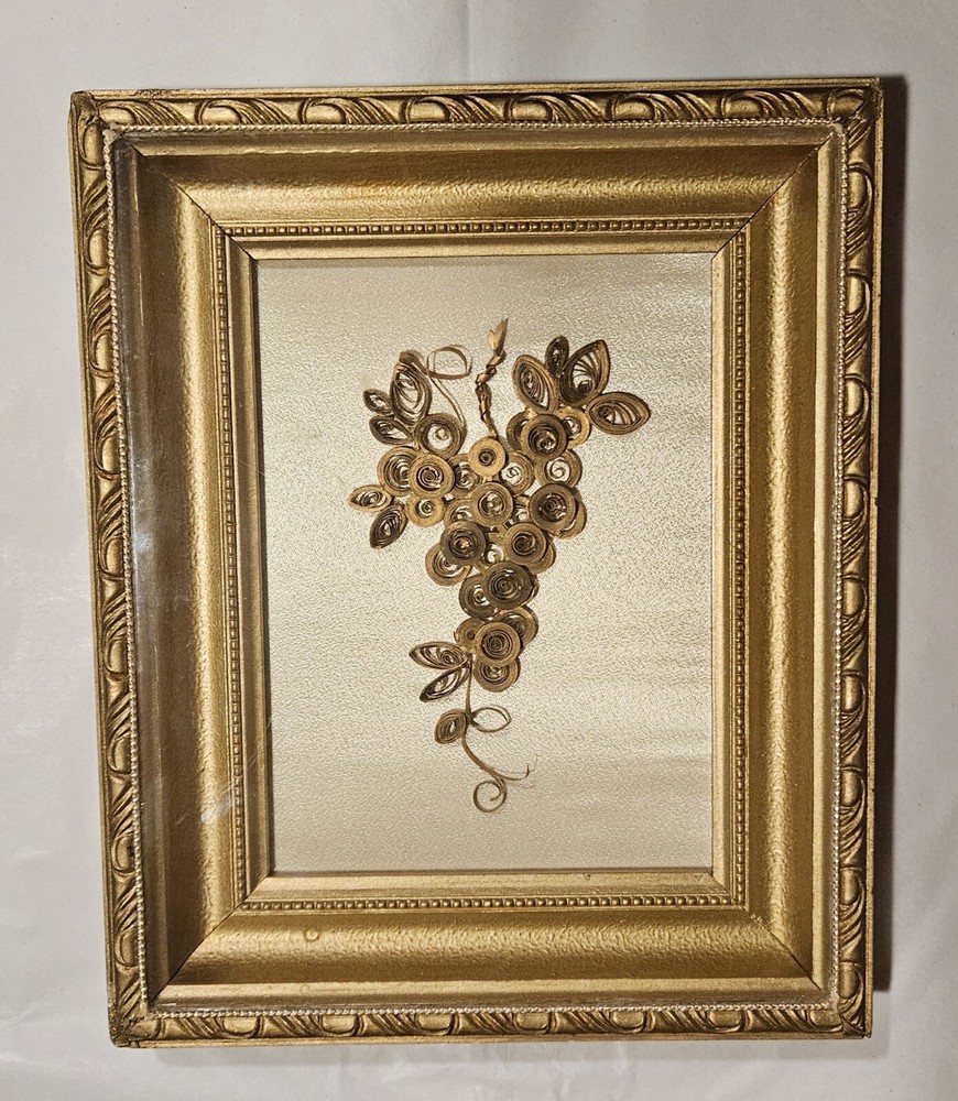 Framed Brass Quilling Rolls Grapevine Design Shadowbox Art Deco Wine Decor