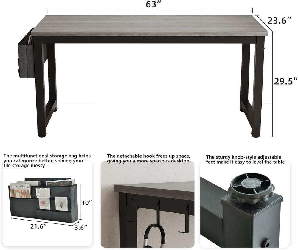 63" Modern Large Computer Desk with Storage & Headphone Hooks - Grey