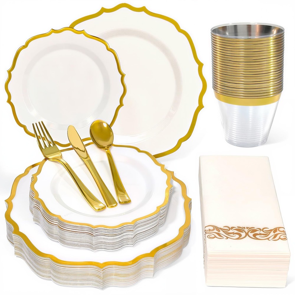 175 Plastic Dinnerware Set,Gold Disposable Dinnerware Set for 25 Guests Inclu...