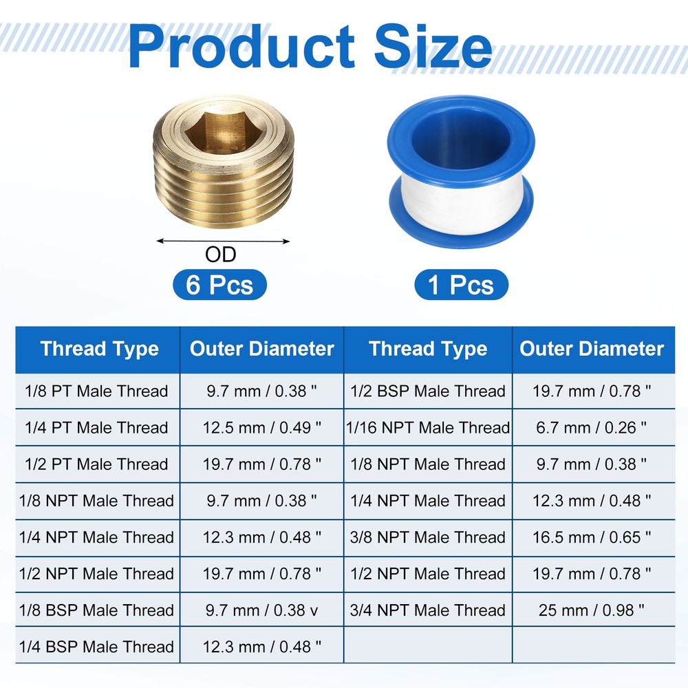 6Pcs 1/2 NPT Brass Pipe Plug Fitting, Male Thread Internal Hex Socket Pipe Cap
