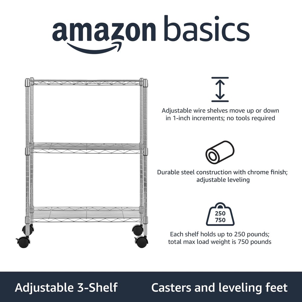 Amazon Basics 3-Shelf Adjustable Heavy Duty Storage Shelving Unit on 2'' PP Plas